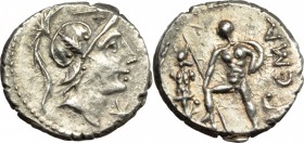 C. Poblicius Malleolus, A. Postumius Sp. f. Albinus and L. Metellus. AR Denarius, 96 BC. D/ Helmeted head of Mars right; above, hammer and below chin,...