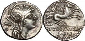 D. Silanus L.f. AR Denarius, 91 BC. D/ Helmeted head of Roma right; behind, T. R/ Victory in biga right; above, numeral; in exergue, D. SILANVS L.F/RO...