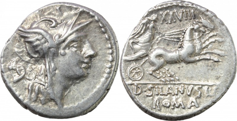 D. Silanus L.f. AR Denarius, ca 91 B.C. D/ Helmeted head of Roma right; behind D...