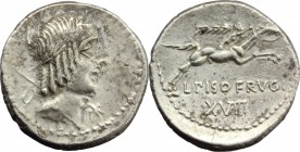 L. Calpurnius Piso Frugi. AR Denarius, 90 BC. D/ Laureate head of Apollo right; below chin, star. R/ Horseman galloping right, holding palm; below, L....