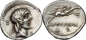 L. Calpurnius Piso Frugi. AR Denarius, 90 BC. D/ Laureate head of Apollo right; below chin, A; behind, fractional:. R/ Horseman galloping right, holdi...