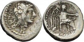 M. Cato. AR Quinarius, 89 AD. D/ Young head right, crowned with ivy wreath, hair long; behind, M. CATO; below, H. R/ Victory seated right, holding pat...