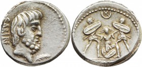 L. Titurius L. f. Sabinus. AR Denarius, 89 BC. D/ SABIN. Head of King Tatius right; below chin, palm. R/ Tarpeia stands facing between two soldiers, w...