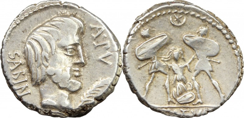 L. Titurius L. f. Sabinus. AR Denarius, 89 BC. D/ SABIN. A.PV. Head of King Tati...