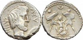 L. Titurius L. f. Sabinus. AR Denarius, 89 BC. D/ SABIN. A.PV. Head of King Tatius right; palm frond below chin. R/ Tarpeia stands facing between to s...