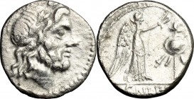 Cn. Lentulus Clodianus. AR Quinarius, 88 BC. D/ Laureate head of Jupiter right. R/ Victory right, crowning trophy; in exergue, CN. LENT. Cr. 345/2. B....