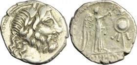 Cn. Lentulus Clodianus. AR Quinarius, 88 AD. D/ Laureate head of Jupiter right. R/ Victory standing right, crowning trophy with laurel-wreath. Cr. 345...