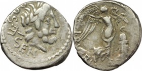L. Rubrius Dossenus. AR Quinarius, 87 BC. D/ Laureate head of Neptune right, trident over shoulder; behind, DOSSEN. R/ Victory standing right, holding...
