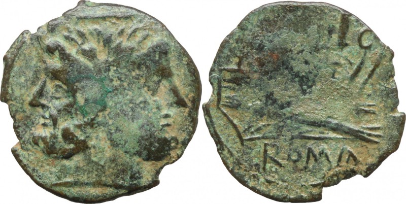 Anonymous. AE As, uncertain South Italy mint, c. 88-86 BC (?). D/ Head of Janus;...