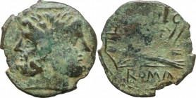 Anonymous. AE As, uncertain South Italy mint, c. 88-86 BC (?). D/ Head of Janus; above, horizontally set mark of value I. R/ Prow right; above, I; bel...