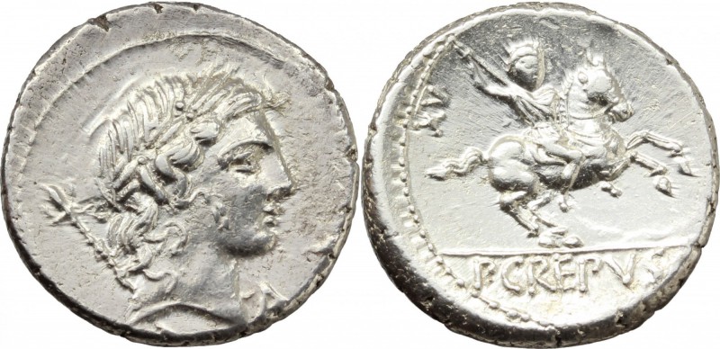 Pub. Crepusius. AR Denarius, 82 BC. D/ Laureate head of Apollo right, sceptre ov...