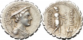 C. Mamilius Limetanus. AR Denarius serratus, 82 BC. D/ Draped bust of Mercury right, wearing winged petasus; caduceus over left shoulder. R/ C. MAMIL-...