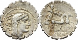 L. Procilius. AR Denarius serratus, 80 BC. D/ Head of Juno Sospita right; behind, S.C. R/ Juno Sospita in prancing biga right, holding shield and hurl...
