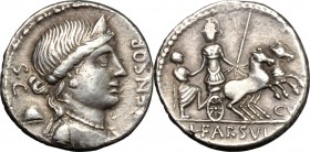 L. Farsuleius Mensor. AR Denarius, 75 BC. D/ Diademed and draped bust of Liberty right; behind, S.C. and pileus; before, MENSOR. R/ Warrior holding sp...