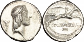 C. Piso L. f. Frugi. AR Denarius, 67 BC. D/ Head of Apollo right, hair bound with fillet; behind, bucranium. R/ Horseman galloping right, holding rein...