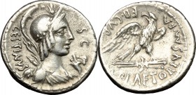 M. Plaetorius M. f. Cestianus. AR Denarius, 67 BC. D/ CESTIANVS. Winged bust of Vacuna, wearing crested helmet right, quiver and bow on shoulder; befo...