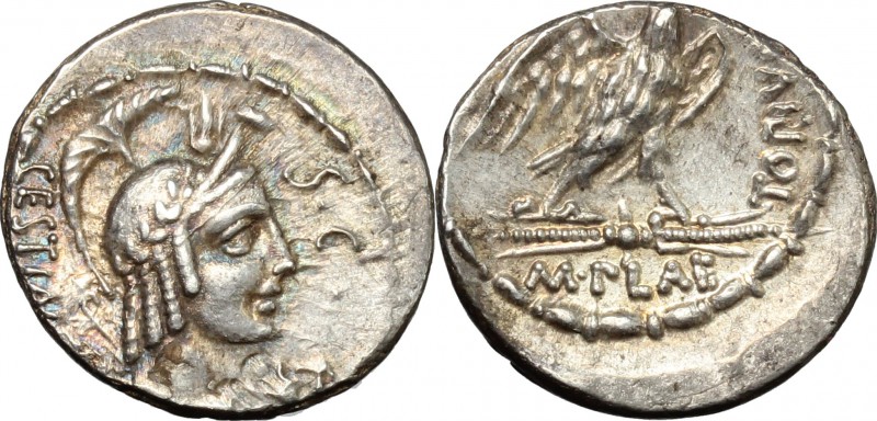 M. Plaetorius M. f. Cestianus. AR Denarius, 67 BC. D/ CESTIANVS. Winged bust of ...