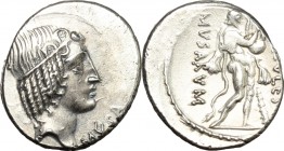 Q. Pomponius Musa. AR Denarius, 66 BC. D/ Diademed head of Apollo right; behind, Q. POMPONI; before, MVSA. R/ Hercules Musagetes standing right, playi...