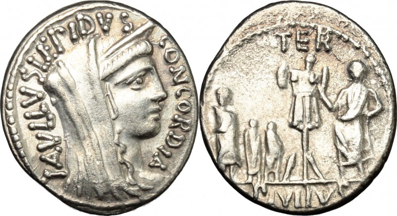 L. Aemilius Lepidus Paullus. AR Denarius, 62 BC. D/ Veiled and diademed head of ...