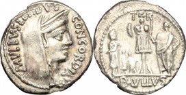 L. Aemilius Lepidus Paullus. Fourrée (?) Denarius, 62 BC. D/ Veiled and diademed head of Concordia right; PAVLLVS LEPIDVS CONCORDIA around. R/ TER abo...