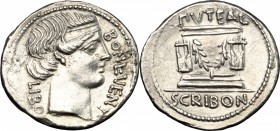 L. Scribonius Libo. AR Denarius, 62 BC. D/ BON EVENT before diademed head of Bonus Eventus right, LIBO behind. R/ PVTEAL. Puteal Scribonianum decorate...