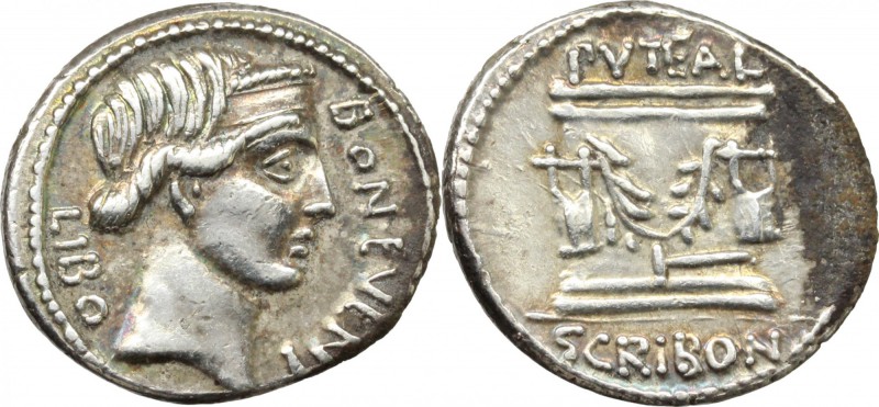 L. Scribonius Libo. AR Denarius, 62 BC. D/ BON EVENT before diademed head of Bon...