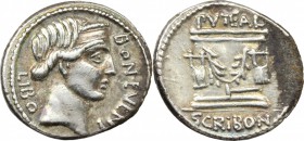 L. Scribonius Libo. AR Denarius, 62 BC. D/ BON EVENT before diademed head of Bonus Eventus right, LIBO behind. R/ PVTEAL. Puteal Scribonianum decorate...