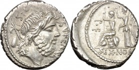M. Nonius Sufenas. AR Denarius, 59 BC. D/ Head of Saturn right; before, SVFENAS; behind, harpa, conical stone and SC. R/ PR. L. V. P. F. Roma seated l...