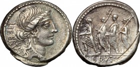 M. Junius Brutus. AR Denarius, 54 BC. D/ LIBERTAS. Head of Libertas right. R/ The consul L. Junius Brutus the Ancient walking left, between two lictor...