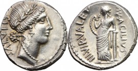 Man. Acilius Glabrio. AR Denarius, 49 BC. D/ Laureate head of Salus right; behind, SALVTIS upwards. R/ MN ACILIVS III VIR VALETV. Valetudo standing le...