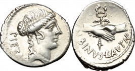 Albinus Bruti f. AR Denarius, 48 BC. D/ PIETAS. Head of Pietas right. R/ Two hands clasped round winged caduceus; below, ALBINVS BRVTI F. Cr. 450/2. B...