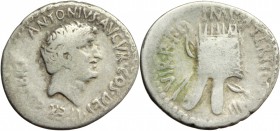 Mark Antony. AR Denarius, 36 BC. D/ ANTONIVS AVGVR COS DES ITER ET TERT. Bare head right. R/ IMP TERTIO III VIR R P C. Armenian tiara; behind, a bow a...