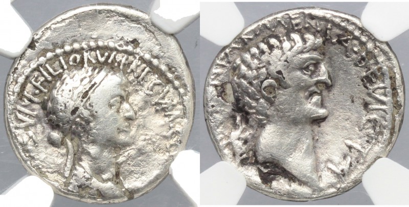 Cleopatra VII and Mark Antony. Fourrée Denarius, 34 BC, Alexandria mint. D/ CLEO...