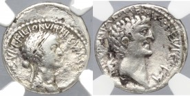 Cleopatra VII and Mark Antony. Fourrée Denarius, 34 BC, Alexandria mint. D/ CLEOPATRAE REGINAE REGVM FILIORVM REGVM. Draped and diademed bust of Cleop...