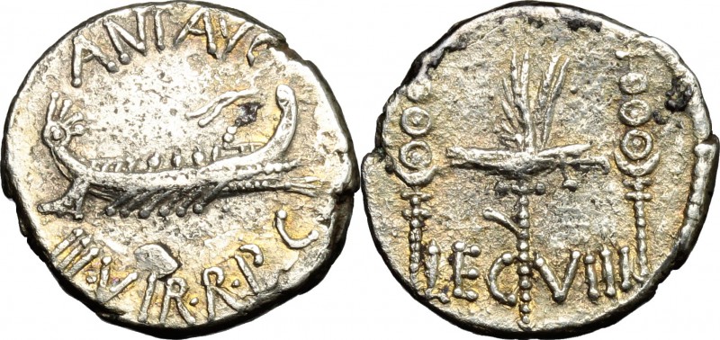 Mark Antony. AR Denarius, 32-31 BC. D/ ANT. AVG. III. VIR. R.P.C. Praetorian gal...