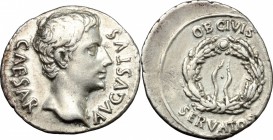 Augustus (27 BC - 14 AD). AR Denarius, Spanish mint, 19-18 BC. D/ CAESAR AVGVSTVS. Bare head right. R/ OB CIVIS/SERVATOS in two lines above and below ...