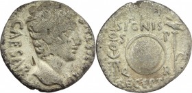 Augustus (27 BC - 14 AD). AR Denarius, Spain, 19 BC. D/ CAESAR AVGVSTVS. Bare head right. R/ SIGNIS RECEPTIS/SPQR/CL.V. Clipeus virtutis between aquil...