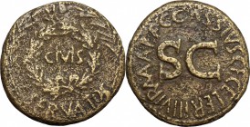 Augustus (27 BC - 14 AD.). AE Sestertius, C. Cassius Celer moneyer, 16 BC. D/ CIVIS in oak-wreath flanked by two laurel-branches; above and below, OB-...