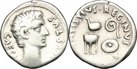 Augustus (27 BC - 14 AD). AR Denarius, Rome mint, 13 BC. D/ CAESAR AVGVSTVS. Bare head right. R/ C ANTISTIVS REGINVS [III V]IR. The sacrifical impleme...