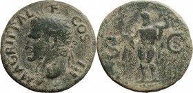 Agrippa (died 12 BC). AE As, struck under Gaius Caligula, 37-41 AD. D/ M AGRIPPA L F COS III. Head of Agrippa left, wearing rostral crown. R/ S-C to l...