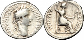 Tiberius (14-37). AR Denarius 'Tribute Penny' type. Lugdunum, 36-37 AD. D/ TI CAESAR DIVI AVG F AVGVSTVS. Laureate head right. R/ PONTIF MΛXIM. Livia ...