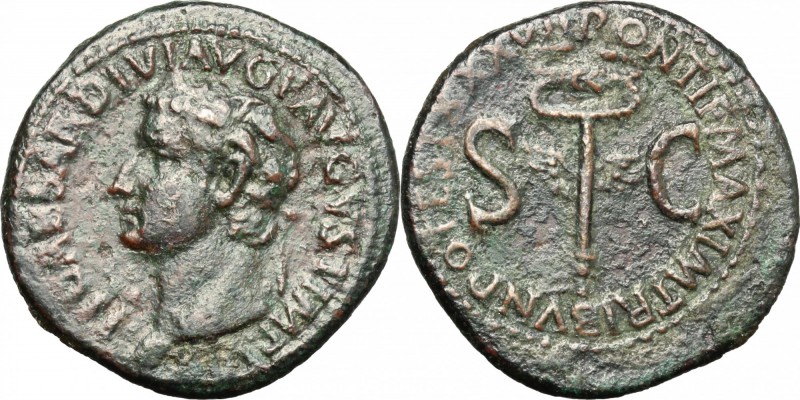 Tiberius (14-37). AE As, 35-36 AD. D/ TI CAESAR DIVI AVG F AVGVST IMP VIII. Laur...