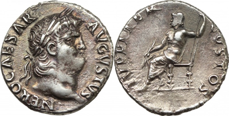 Nero (54-68). AR Denarius, Rome mint, struck c. 64-65 AD. D/ NERO CAESAR AVGVSTV...