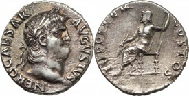 Nero (54-68). AR Denarius, Rome mint, struck c. 64-65 AD. D/ NERO CAESAR AVGVSTVS. Laureate head right. R/ IVPPITER CVSTOS. Jupiter seated left, holdi...