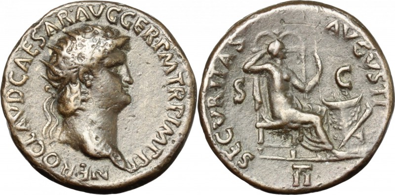 Nero (54-68). AE Dupondius, Rome mint. D/ NERO CLAVD CAESAR AVG GERM PM TR P IMP...