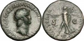 Nero (54-68). AE Dupondius, c. 64. D/ [NER]O CLAVDIVS CAESAR AVG GER PM TR [P IMPPP]. Laureate head right. R/ VICTORIA AVGVSTI SC. Victory advancing l...