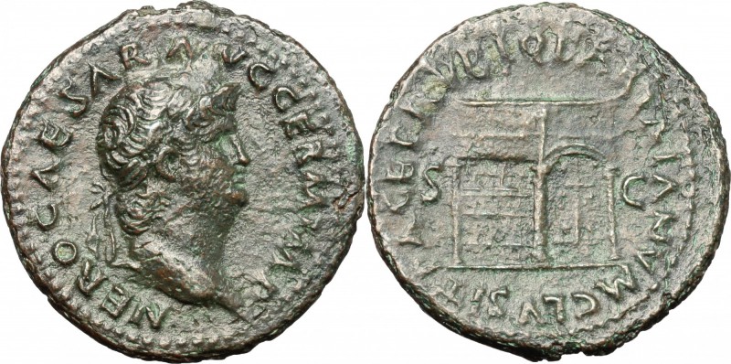 Nero (54-68). AE As, Rome mint. D/ NERO CAESAR AVG GERM IMP. Laureate head right...