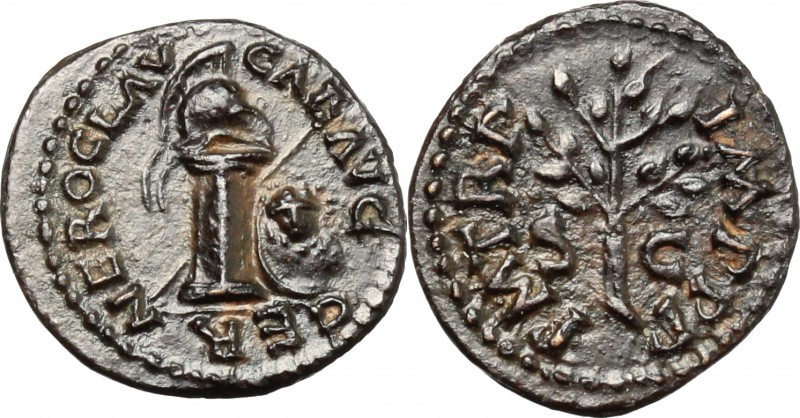 Nero (54-68). AE Quadrans, 65 AD. D/ NERO CLAV CAE AVG GER. Helmet on column; on...