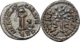 Nero (54-68). AE Quadrans, 65 AD. D/ NERO CLAV CAE AVG GER. Helmet on column; on right, round shield bearing gorgoneion; behind, spear. R/ PM TR P IMP...