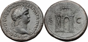 Nero (54-68). AE Sestertius, Lugdunum mint, 65 AD. D/ NERO CLAVD CAESAR AVG GER PM TR P IMP PP. Laureate head right. R/ SC. Triumphal arch surmounted ...